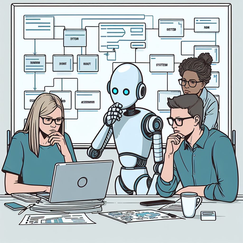 a group of three software engineers, hunched around a laptop, behind them is a whiteboard that shows flowcharts of system architecture, There is a friendly, yet decidedly humanistic robot that in a pensive pose looking at the screen. draw it in the Vector Minimalism style